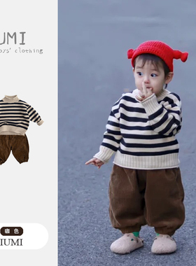 男童秋冬季卷边条纹套头毛衣男宝宝韩版复古粗条灯芯绒束脚裤套装