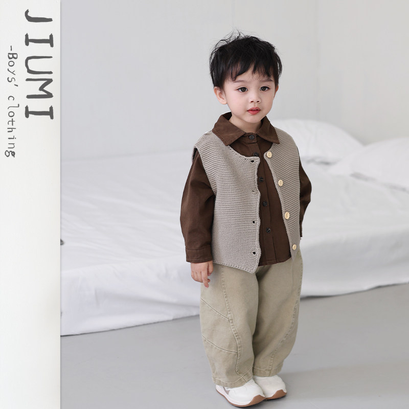 男女宝森系文艺无袖毛衣背心儿童春季新款韩版衬衫男童宽松休闲裤