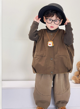 儿童韩版春季马甲外套男宝半高领打底衫宝宝纯色日系复古背心套装