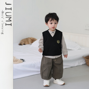 灯笼裤 儿童春季 中小童工装 条纹衬衫 新款 V领刺绣针织坎肩男童韩版