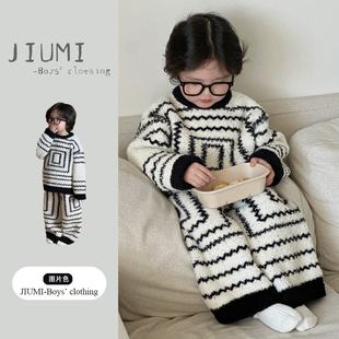 男童秋冬2026新款 中小童毛绒家居服 加厚儿童睡衣半边绒软绵绵套装