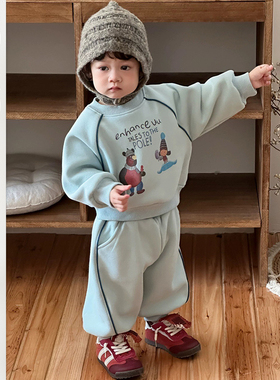 男童加厚卫衣小熊套装男女宝韩版卡通上衣宝宝宽松休闲运动两件套