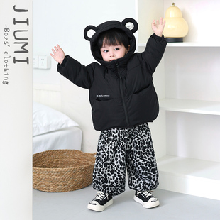 纯色外套男童加厚保暖面包服潮 童韩版 儿童冬季 小熊耳朵羽绒服套装