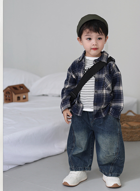 儿童春季新款格子衬衫男童卡通森系百搭上衣中小童日韩宽松休闲裤