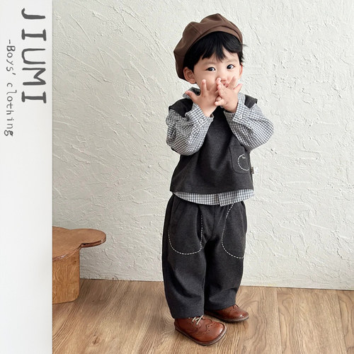 JIUMI男宝2026春英伦风衬衫套装