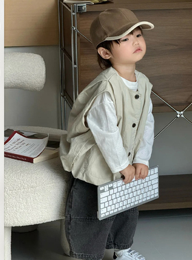 儿童2026春季新款韩版背心男女宝长袖打底T恤男童工装背心ins坎肩