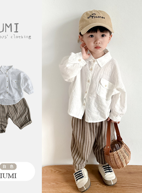 男童秋夏薄款白色衬衫儿童外穿防晒衣空调开衫男宝宝夏季裤子套装