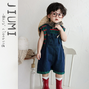 套装 男童25年夏款 夏装 撞色条纹背心中小童复古百搭牛仔背带裤 韩版