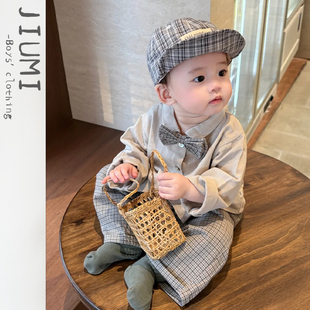 衬衫 韩版 宝宝百搭格子长裤 婴童时尚 男宝2025秋季 绅士衬衣套装 新款