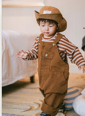 儿童日系宝宝背带裤男宝宝条纹款纯棉长袖男女童工装时尚休闲套装