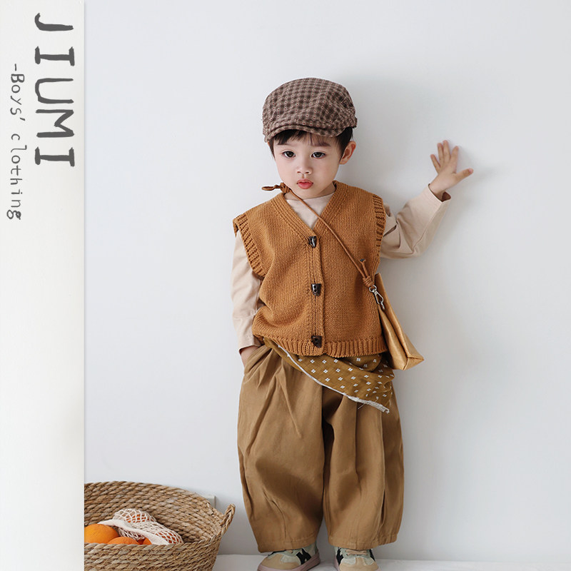 儿童春季套装男童森系针织马甲男宝宝韩版开衫毛衣哈伦裤休闲童装