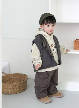 儿童冬季新款双面穿棉马甲男女童韩版格子坎肩中小童保暖百搭背心