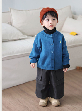 男童2026春季纯色刺绣针织开衫宝宝百搭休闲裤儿童森系洋气套装潮