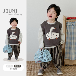 针织动物马甲2025秋季 套装 新款 纯色卷边打底衫 条纹哈伦裤 男童韩版