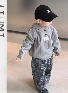 男童套装25年冬季韩版纯色连帽针织衫儿童百搭格子直筒裤宝宝冬装