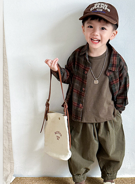儿童春季新款复古格子衬衣男童纯棉打底衫长袖男宝宝韩版棉麻衬衫