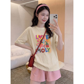 外穿薄款 宽松中长款 套装 孕妇时尚 粉色短裤 夏季 上衣 2026新款 短袖