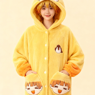 鬼灭之刃我妻善逸同款睡袍女秋冬珊瑚绒加厚保暖二次元cos家居服