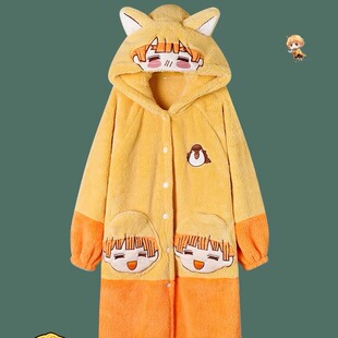 鬼灭之刃我妻善逸同款睡袍女秋冬珊瑚绒加厚二次元cos家居服长款