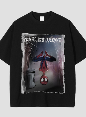 CHARLIES LUCKYNO蜘蛛侠暗黑潮牌黑色环保喷绘印花情侣款短袖T恤