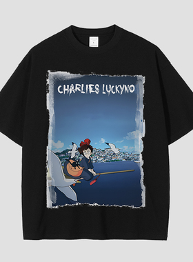 CHARLIES LUCKYNO魔法扫帚潮牌艺术环保喷绘黑色情侣款短袖T恤