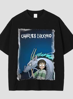 CHARLIES LUCKYNO千寻龙欧美艺术喷绘潮牌黑色宽松情侣款短袖T恤