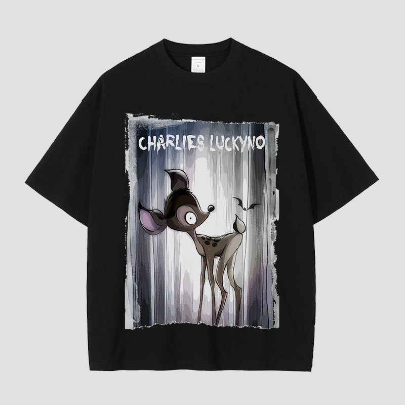 CHARLIES LUCKYNO小鹿斑比潮牌黑色环保喷绘印花情侣款短袖T恤