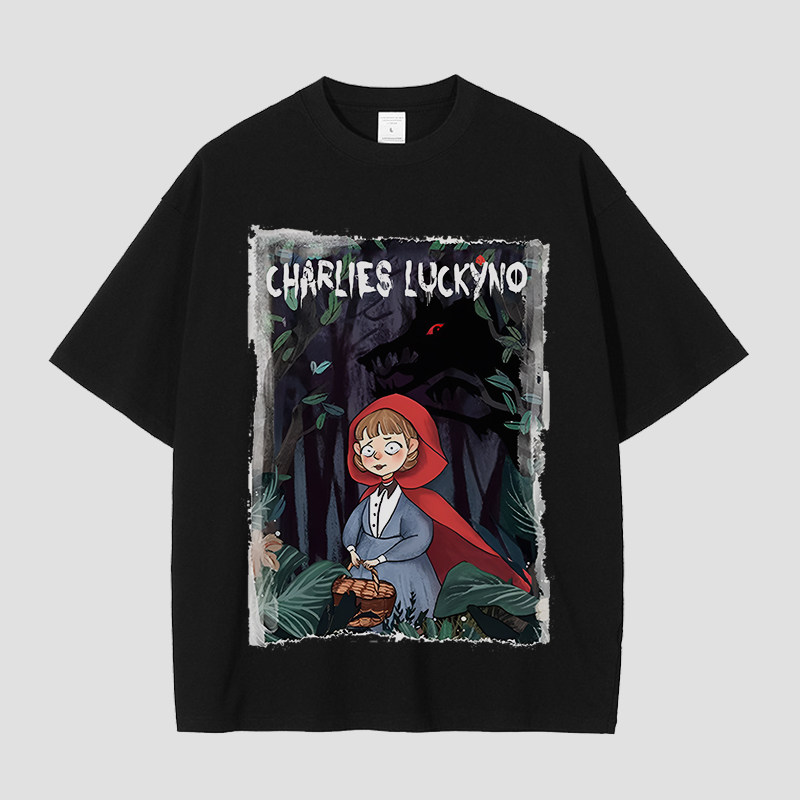 CHARLIES LUCKYNO小红帽经典童话艺术喷绘潮牌黑色情侣款短袖T恤