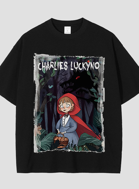 CHARLIES LUCKYNO小红帽经典童话艺术喷绘潮牌黑色情侣款短袖T恤
