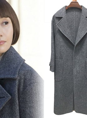 反季清仓特价灰色人字纹双面呢大衣女中长款羊毛呢外套