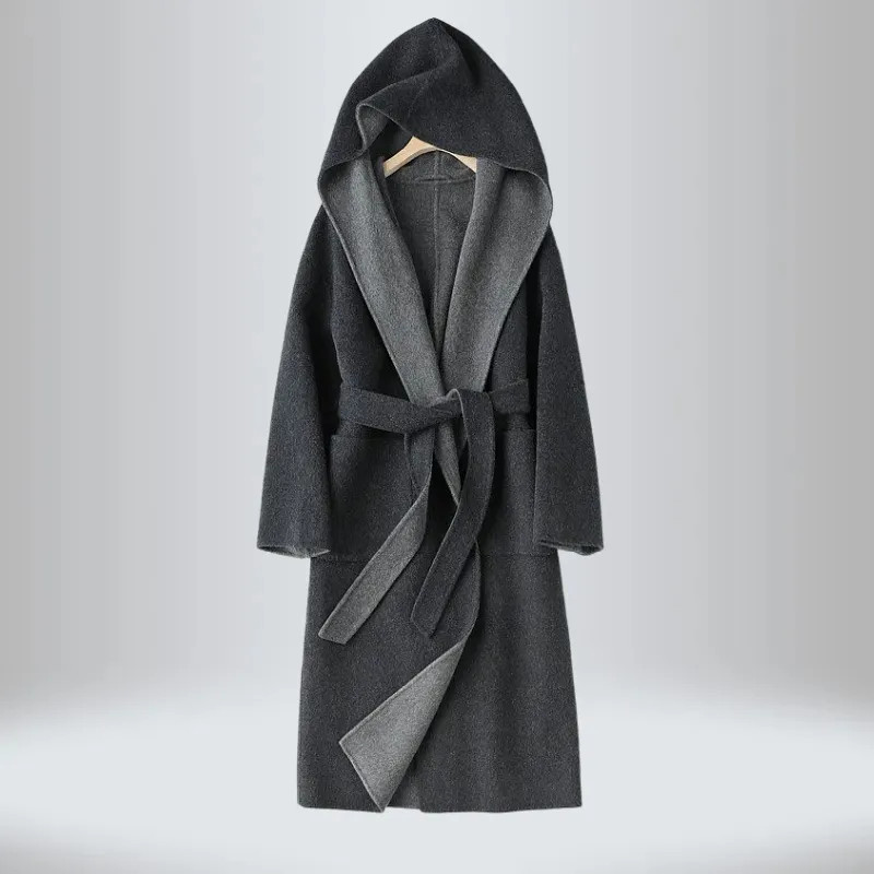 高货连帽法式浴袍款女士大衣山羊绒双色过膝长款双面呢外套秋冬新