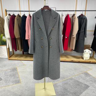 高货大牌羊绒大衣质感取胜!高级灰色双排扣中长款双面呢外套通勤