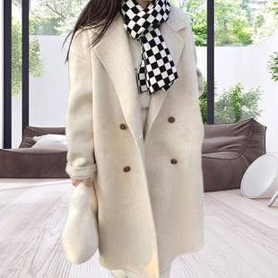 韩系减龄宽松双面羊绒大衣女士羊毛呢外套西装领中长款厂家直销