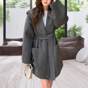 减龄韩系小个子短款海军领女士双面呢大衣羊绒羊毛呢外套秋冬新款