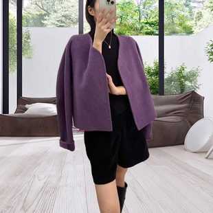极简气质V领韩版小个子短款双面羊绒大衣女士羊毛呢外套秋冬新款
