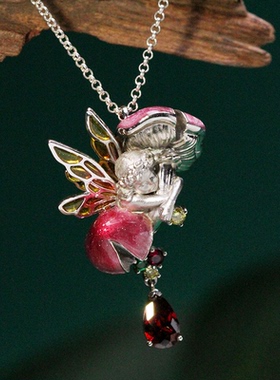 原创设计丨S925银镀金童话系列蘑菇精灵石榴石透辉石吊坠