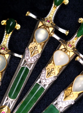 原创设计丨S925银镀金翡翠红蓝宝石骑士配件吊坠大马士革钢刃