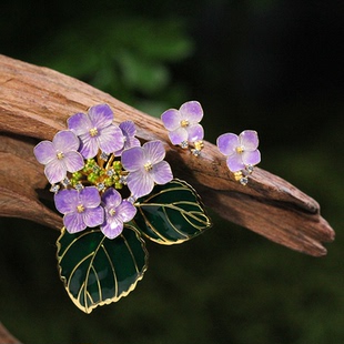 原创设计丨S925银森系珐琅绣球花胸针戒指吊坠耳饰套装多层立体