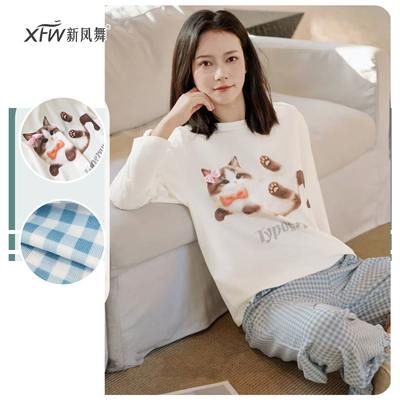 新凤舞莱赛尔睡衣女秋长袖卡通猫可爱套头休闲家居服春秋薄款套装