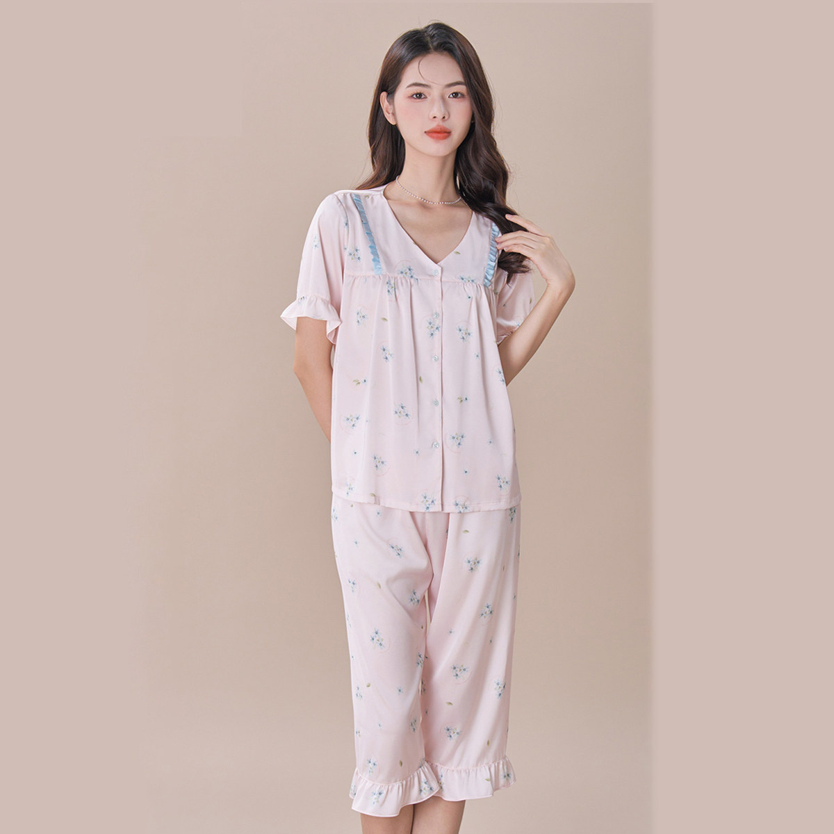 新凤舞碎花可爱睡衣女短袖7分裤开衫夏季家居服套装冰丝缎面绸