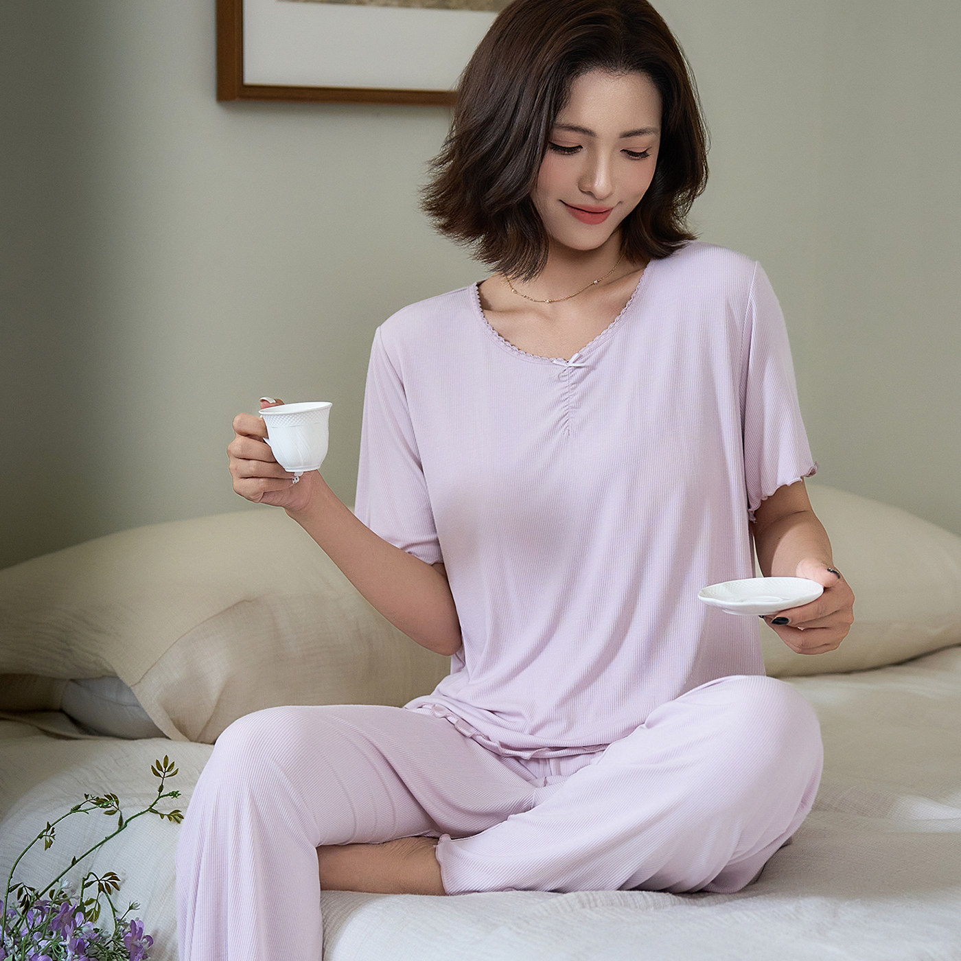 新凤舞女夏季带胸垫短袖九分裤休闲家居服条纹舒适套装可外穿