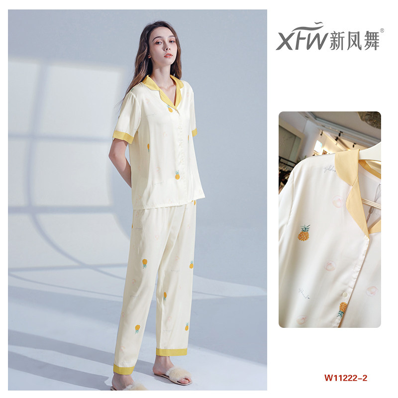 新凤舞冰丝缎面绸夏季薄款短袖长裤菠萝印花小翻领丝绸家居服套装