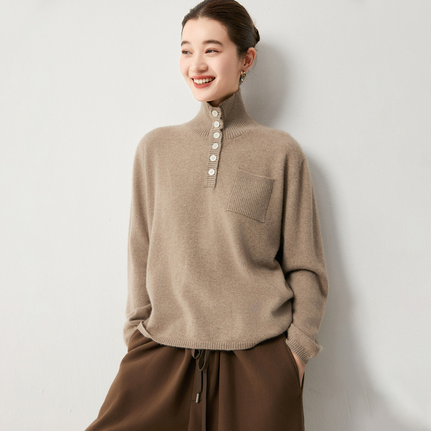 慵懒风高领纯羊绒女款套头毛衣