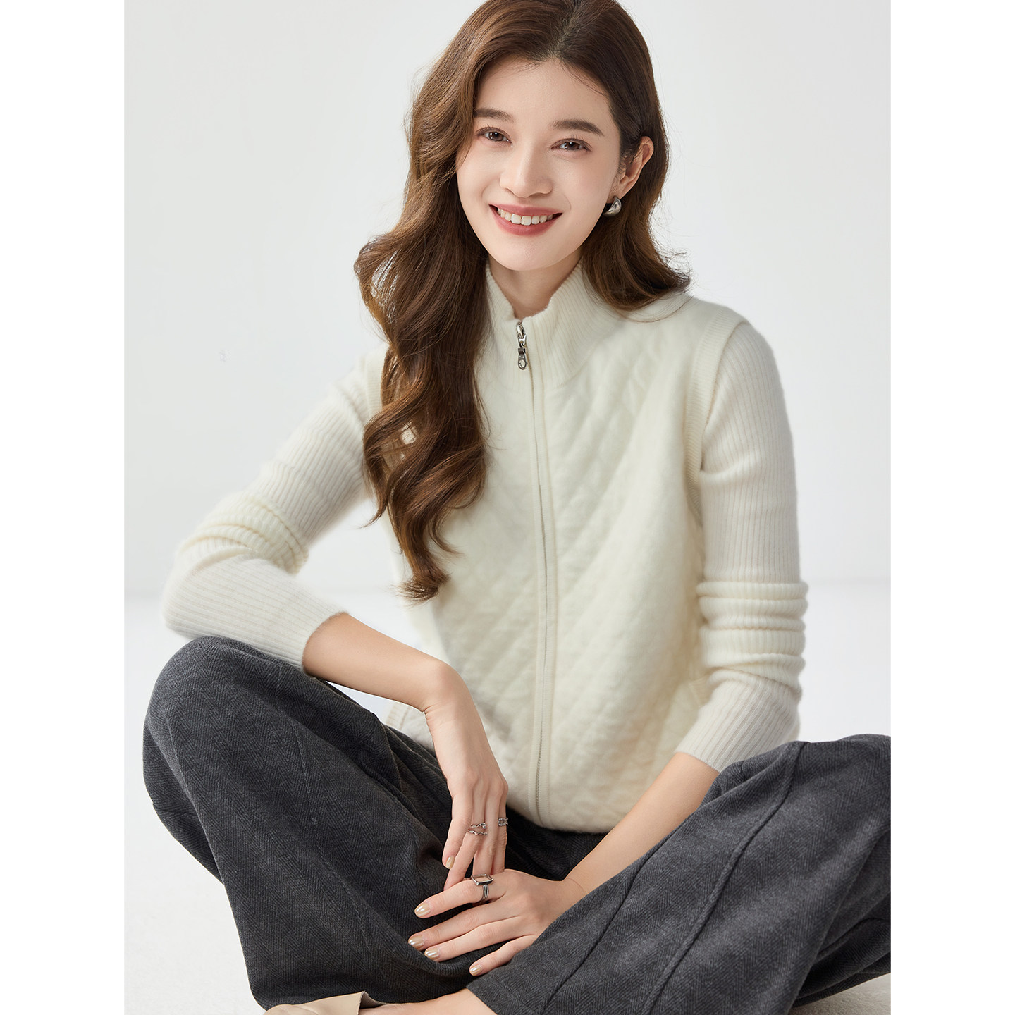 秋冬新款女山羊绒立领拉链开衫
