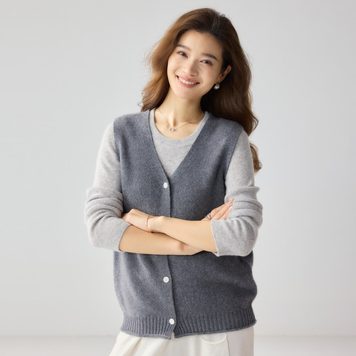 V领山羊绒针织马甲女灰搭百搭