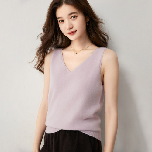 100%纯羊绒V领无袖针织背心女