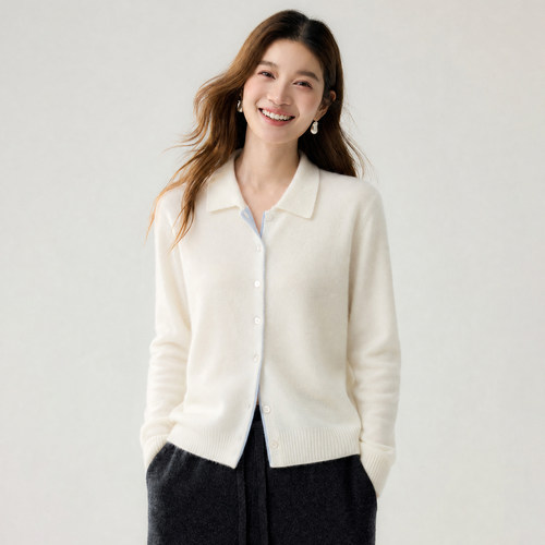 简约POLO领山羊绒开衫女百搭
