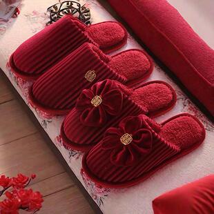 高级感轻奢晨袍女新婚陪嫁情侣款 喜庆红色一对喜拖鞋 结婚拖鞋 冬季