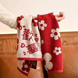 欢喜花朵方巾纯棉毛巾红色复古浪漫挂式擦手毛巾吸水速干柔软面巾