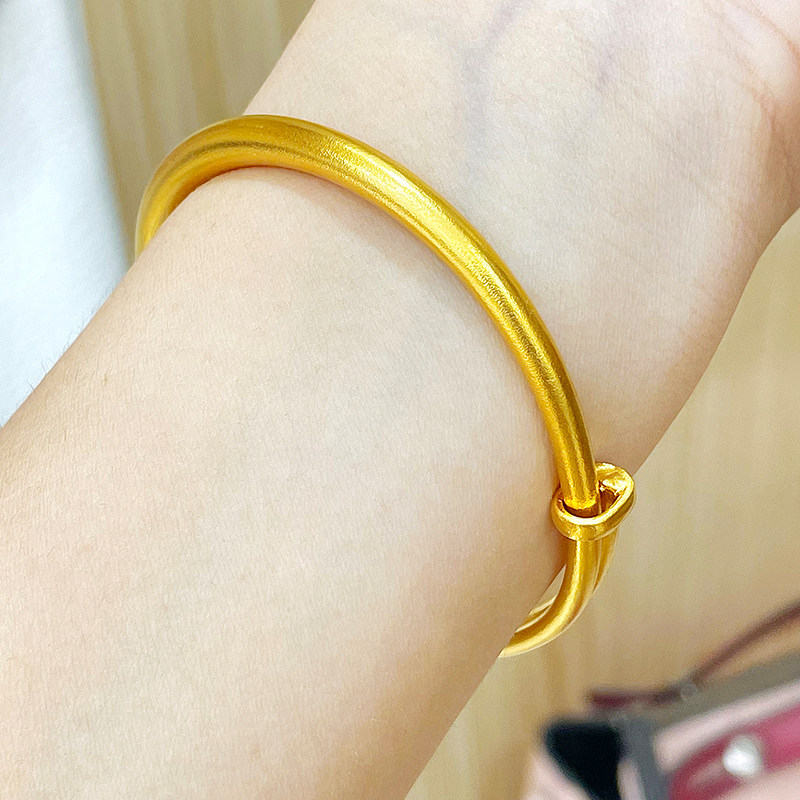 999足金包银古法素圈推拉活口手镯女 调节手环黄金色实心时尚镯子